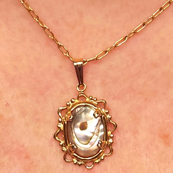 Vintage Abalone 14k Gold Necklace & Pierced Earrings - Picture 8 of 16